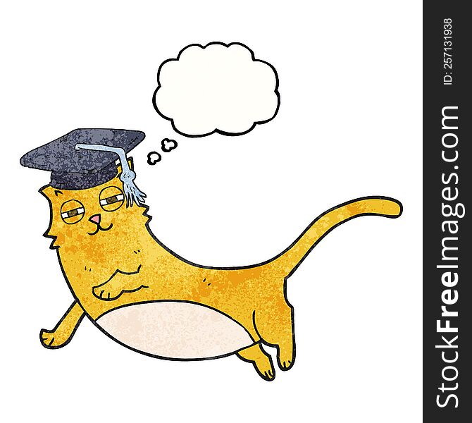 freehand drawn thought bubble textured cartoon cat with graduate cap