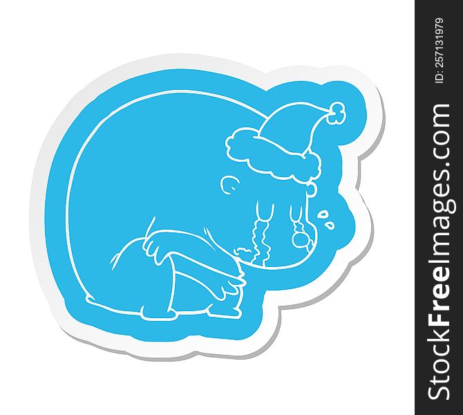 Crying Cartoon  Sticker Of A Polar Bear Wearing Santa Hat