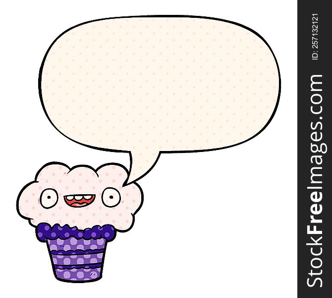 Funny Cartoon Cupcake And Speech Bubble In Comic Book Style