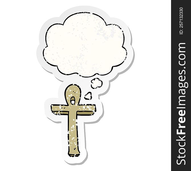 Cartoon Ankh Symbol And Thought Bubble As A Distressed Worn Sticker