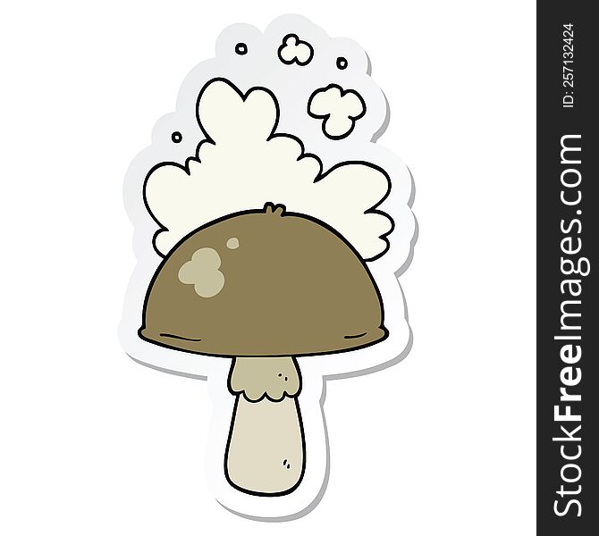 Sticker Of A Cartoon Mushroom With Spore Cloud