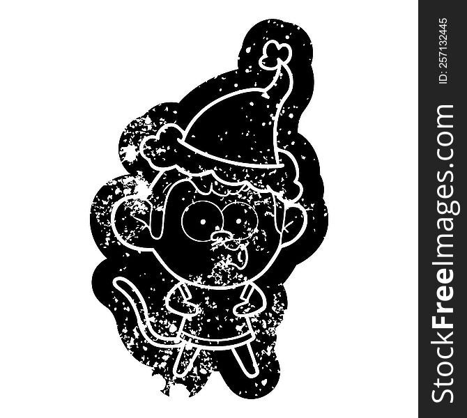 Cartoon Distressed Icon Of A Surprised Monkey Wearing Santa Hat