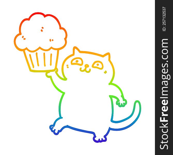 Rainbow Gradient Line Drawing Cartoon Cat With Cupcake