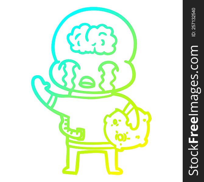cold gradient line drawing of a cartoon big brain alien crying and waving goodbye