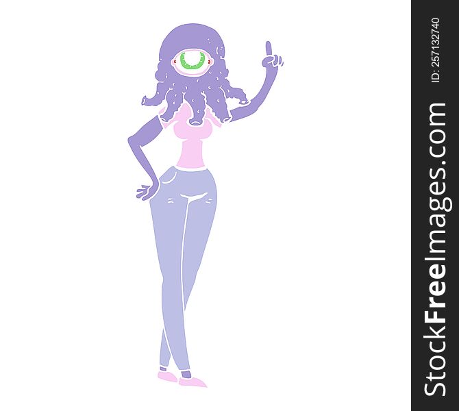 Flat Color Illustration Of A Cartoon Female Alien With Raised Hand