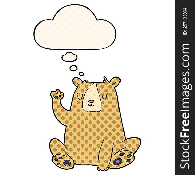cartoon bear;waving with thought bubble in comic book style