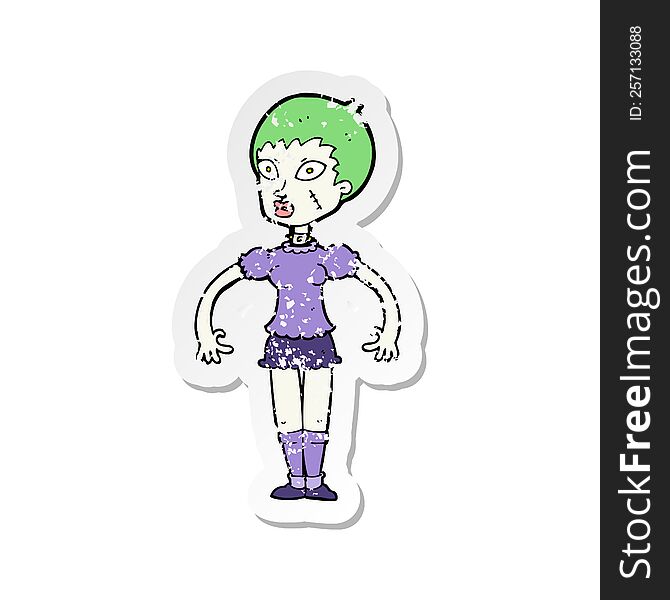 Retro Distressed Sticker Of A Cartoon Zombie Monster Woman