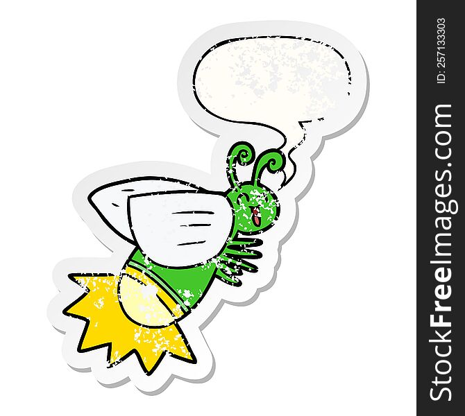 cartoon glow bug and speech bubble distressed sticker