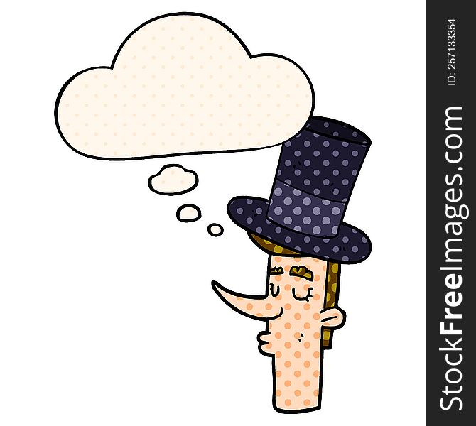 cartoon man wearing top hat and thought bubble in comic book style