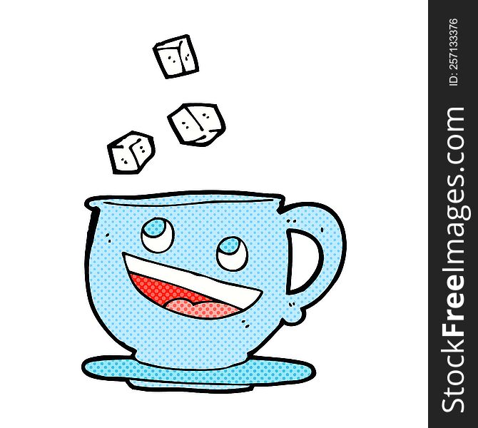 cartoon sugar lumps falling into tea cup. cartoon sugar lumps falling into tea cup