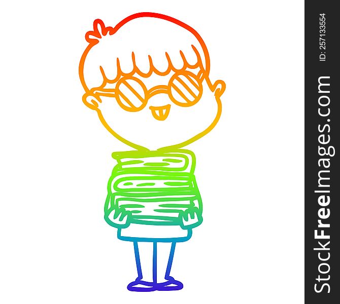 rainbow gradient line drawing of a cartoon nerd boy with spectacles and book
