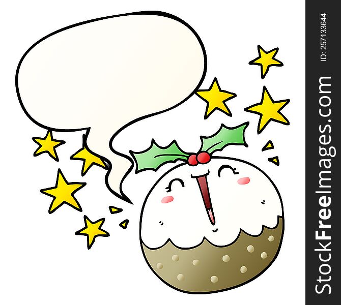 Cute Cartoon Happy Christmas Pudding And Speech Bubble In Smooth Gradient Style