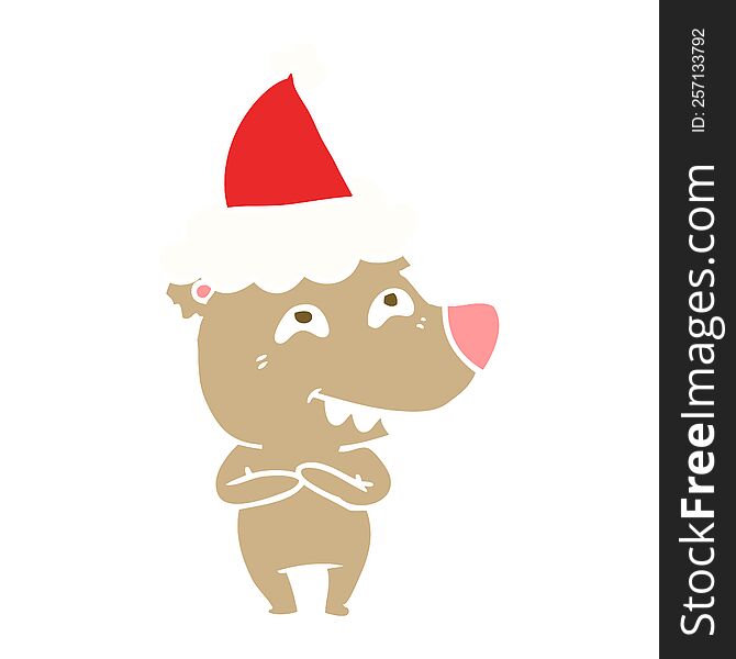 hand drawn flat color illustration of a bear showing teeth wearing santa hat