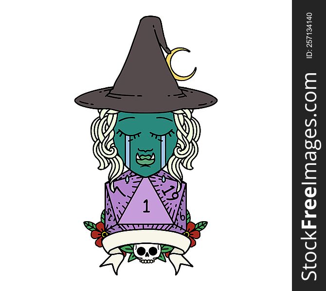 Crying Half Orc Witch Character With Natural One Roll Illustration