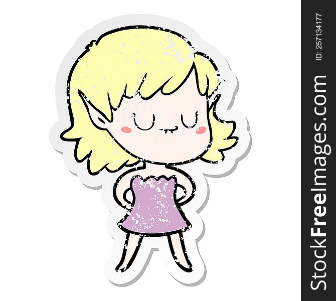 distressed sticker of a happy cartoon elf girl wearing dress