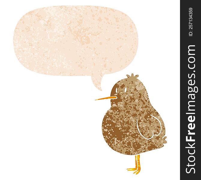 Cartoon Kiwi Bird And Speech Bubble In Retro Textured Style