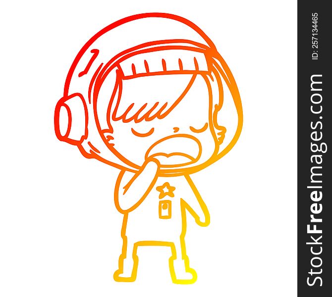 warm gradient line drawing of a cartoon astronaut woman yawning