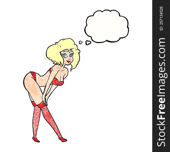 freehand drawn thought bubble textured cartoon pin up girl putting on stockings