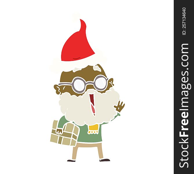 flat color illustration of a joyful man with beard and parcel under arm wearing santa hat