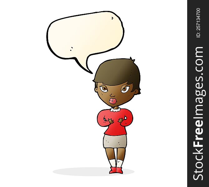 cartoon woman gesturing at self with speech bubble