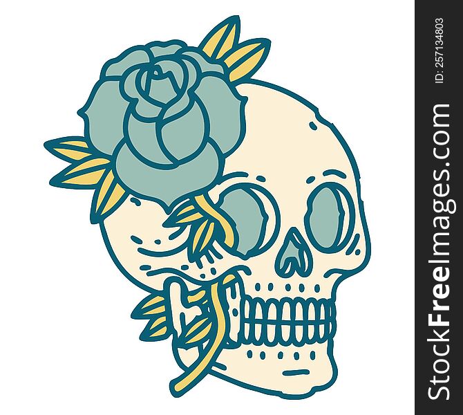 tattoo style icon of a skull and rose