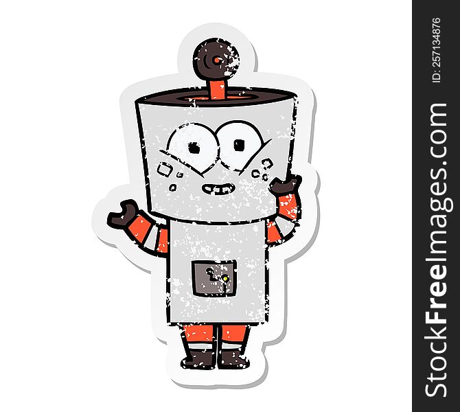 distressed sticker of a happy cartoon robot waving hello