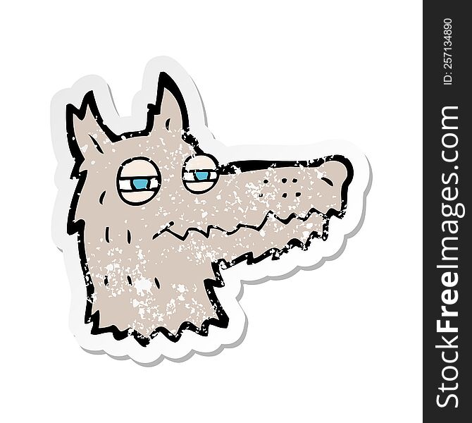 retro distressed sticker of a cartoon smug wolf face