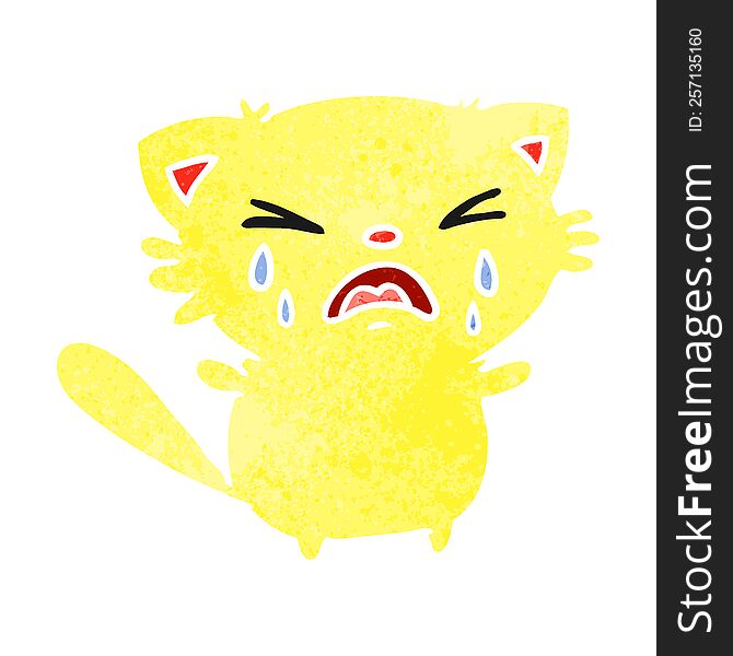 freehand drawn retro cartoon of cute kawaii crying cat