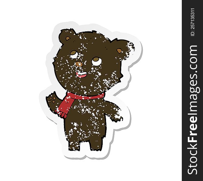 Retro Distressed Sticker Of A Cartoon Black Bear Wearing Scarf