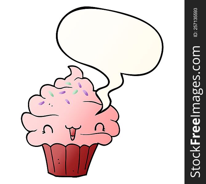 cute cartoon frosted cupcake with speech bubble in smooth gradient style