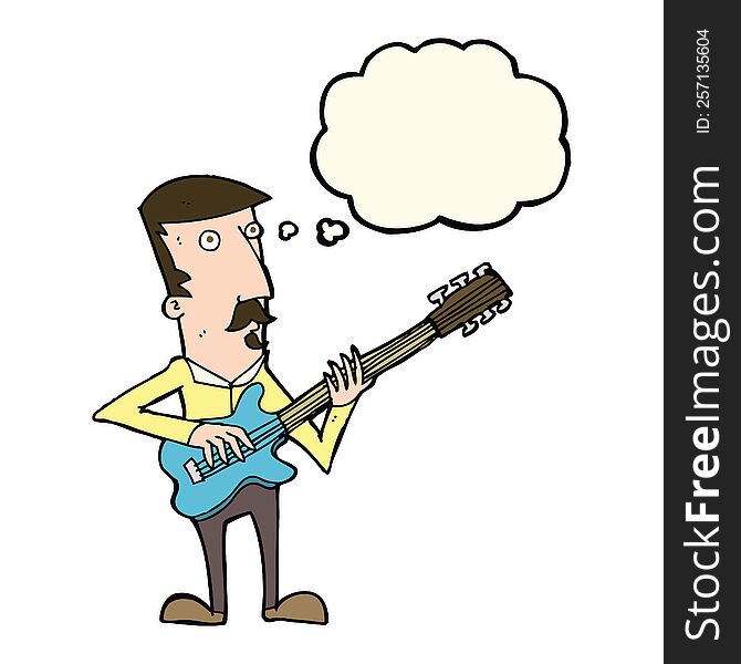 cartoon man playing electric guitar with thought bubble