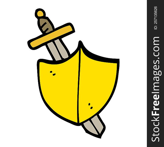 hand drawn doodle style cartoon sword and shield