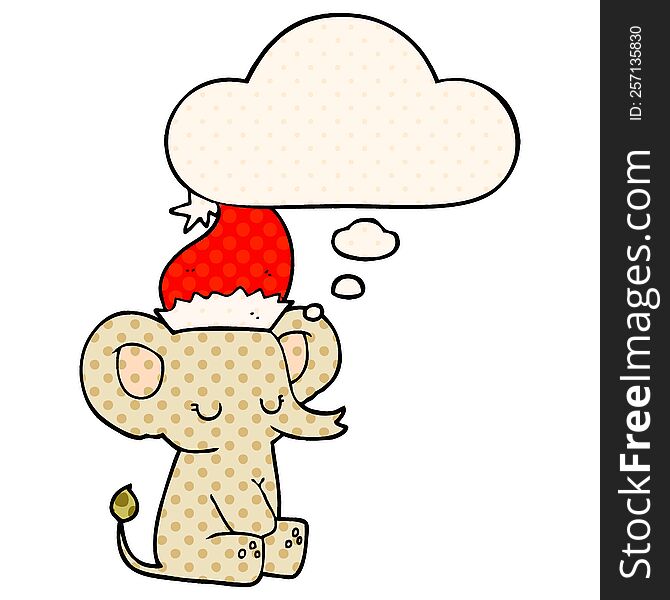 Cute Christmas Elephant And Thought Bubble In Comic Book Style