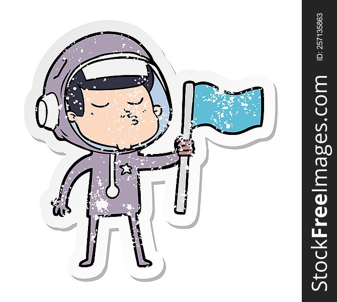 distressed sticker of a cartoon confident astronaut waving flag