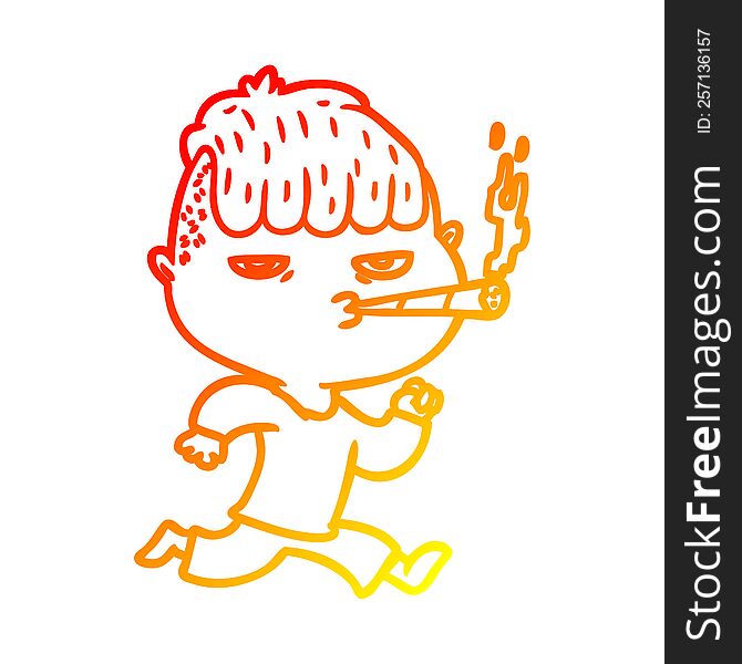 warm gradient line drawing of a cartoon man smoking whilst running