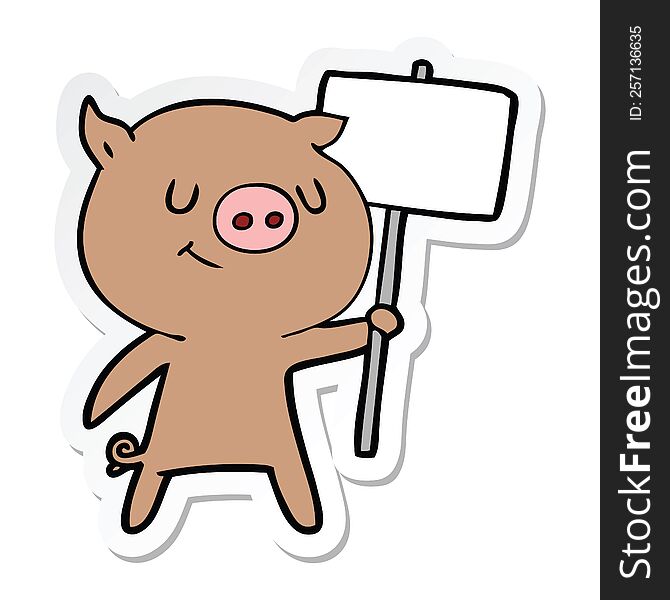 Sticker Of A Happy Cartoon Pig With Placard
