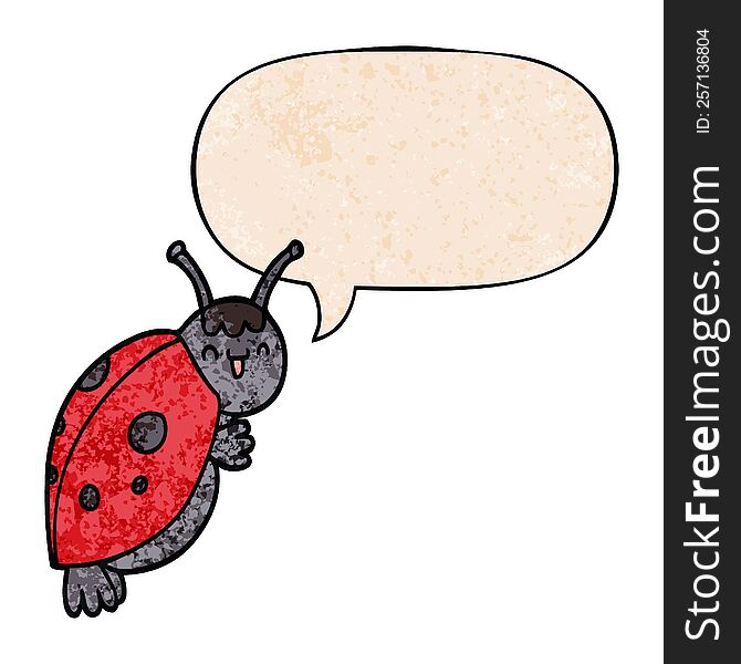cute cartoon ladybug with speech bubble in retro texture style