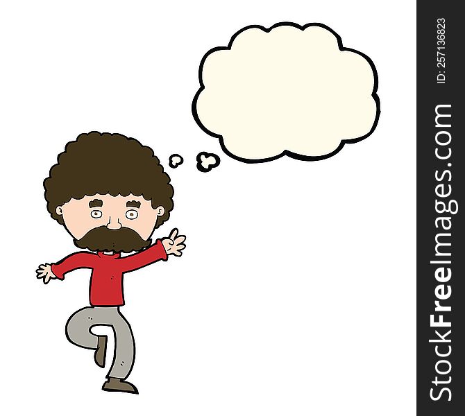 cartoon mustache man disco dancing with thought bubble