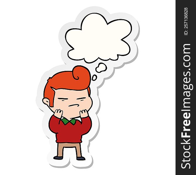 cartoon cool guy with fashion hair cut with thought bubble as a printed sticker