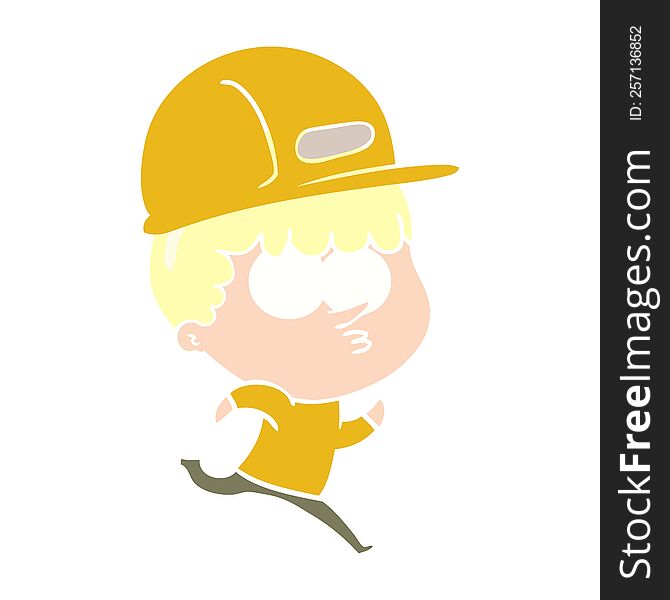 flat color style cartoon man in builders hat running