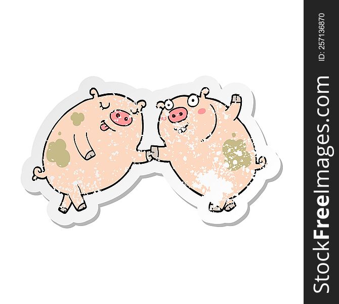 distressed sticker of a cartoon pigs dancing