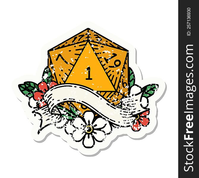 natural one d20 dice roll grunge sticker