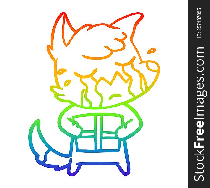 Rainbow Gradient Line Drawing Crying Fox Cartoon With Parcel