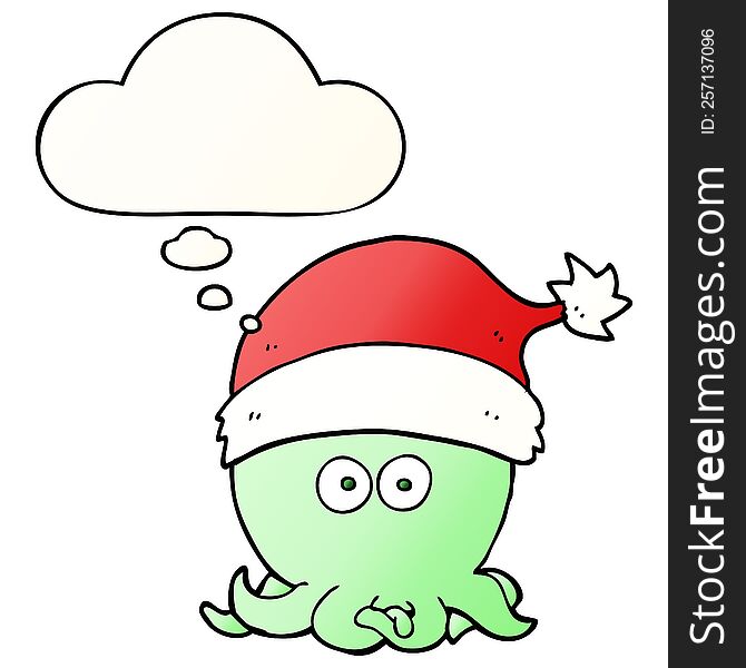 cartoon octopus wearing christmas hat with thought bubble in smooth gradient style
