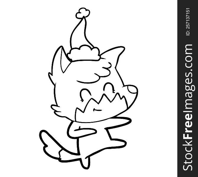hand drawn line drawing of a friendly fox wearing santa hat