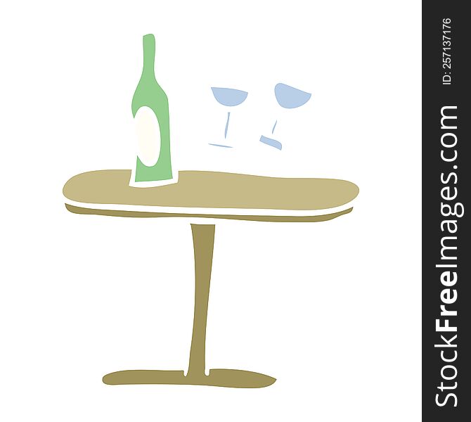 Flat Color Illustration Cartoon Table With Bottle And Glasses