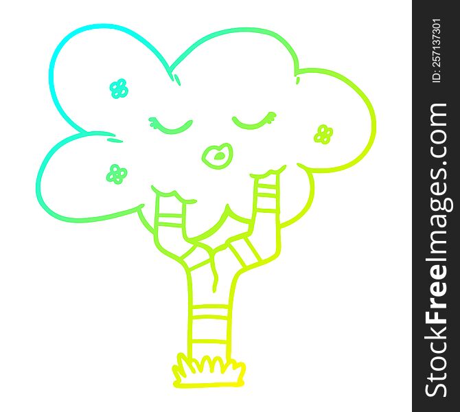 cold gradient line drawing of a cartoon tree with face