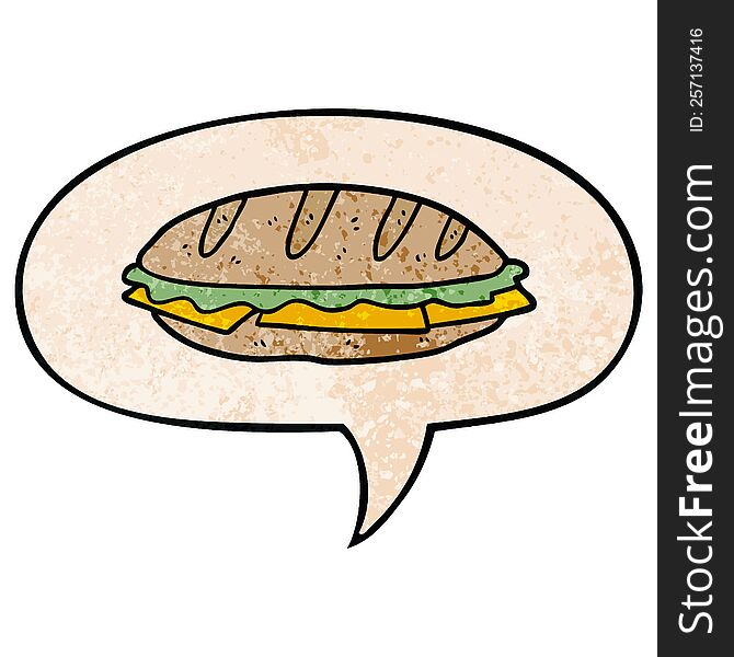 cartoon chesse sandwich with speech bubble in retro texture style