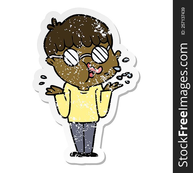 distressed sticker of a cartoon boy wearing spectacles shrugging shoulders