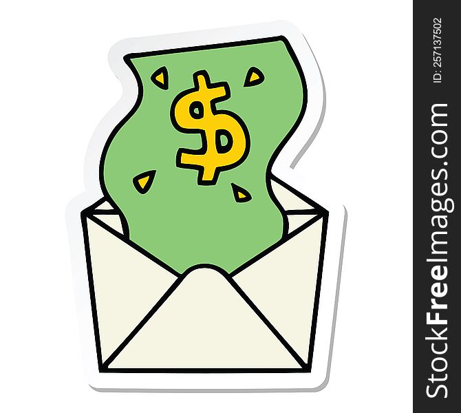 Sticker Of A Quirky Hand Drawn Cartoon Dollar In Envelope